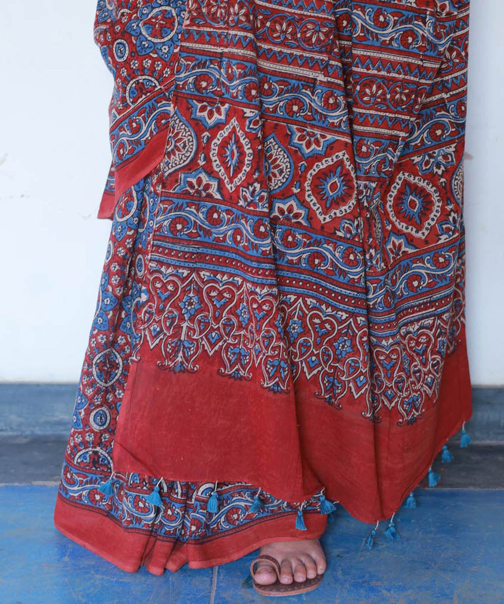 Red and indigo cotton handblock printed ajrakh saree