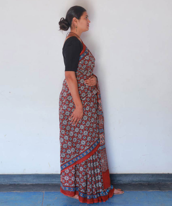 Red indigo cotton block print ajrakh saree