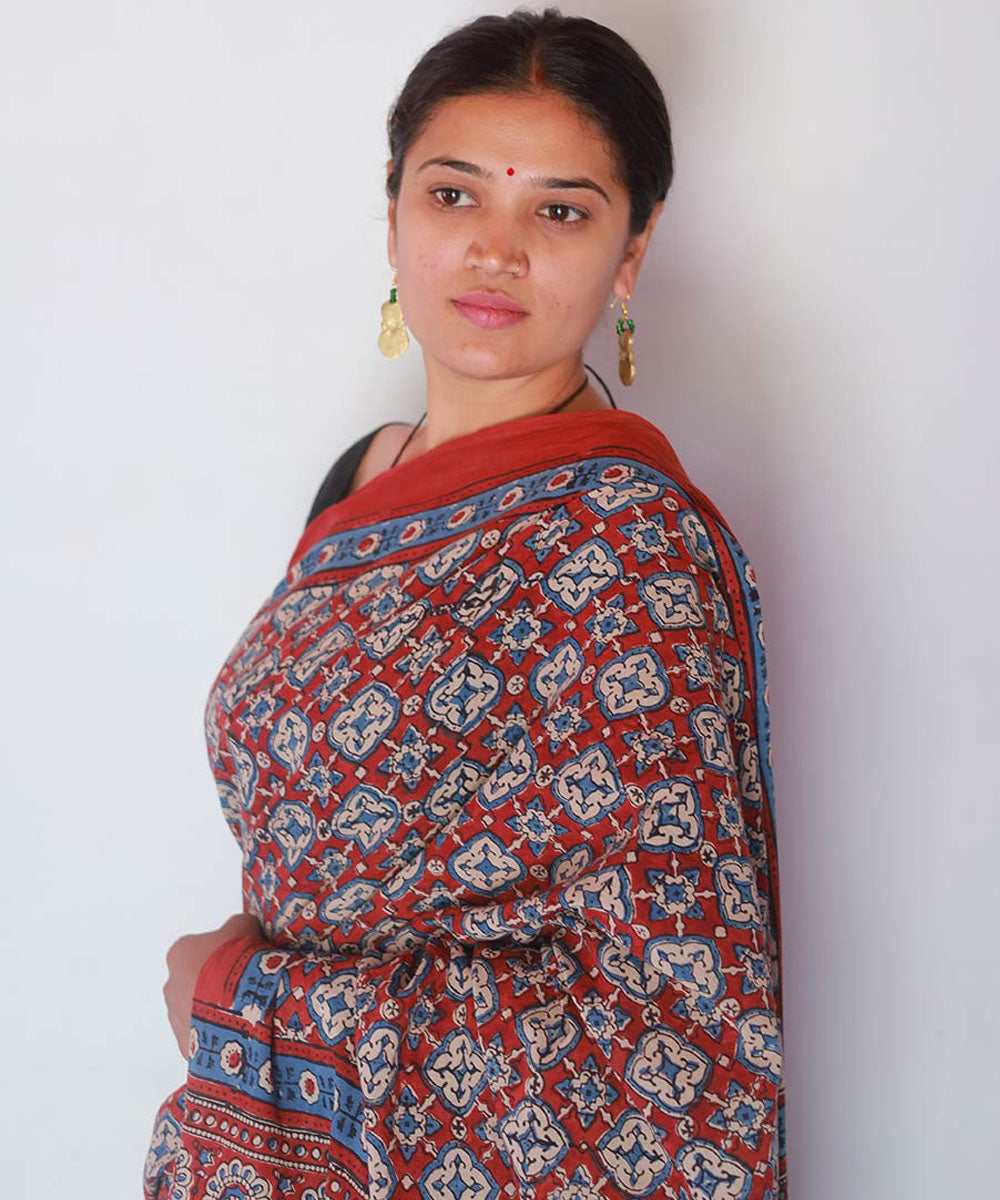 Red indigo cotton block print ajrakh saree