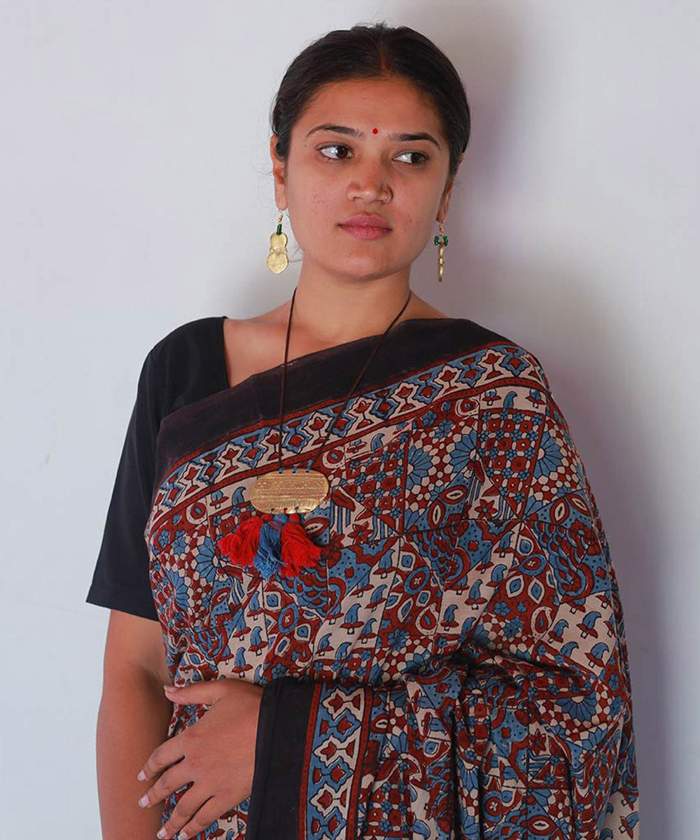 Red and indigo cotton handblock print ajrakh saree