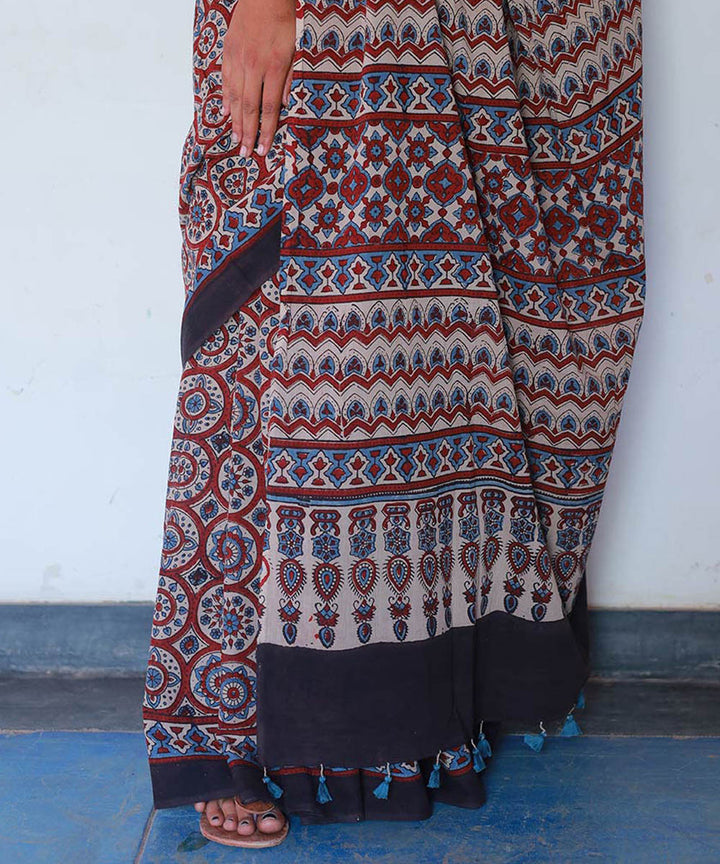 Red and indigo cotton handblock print ajrakh saree