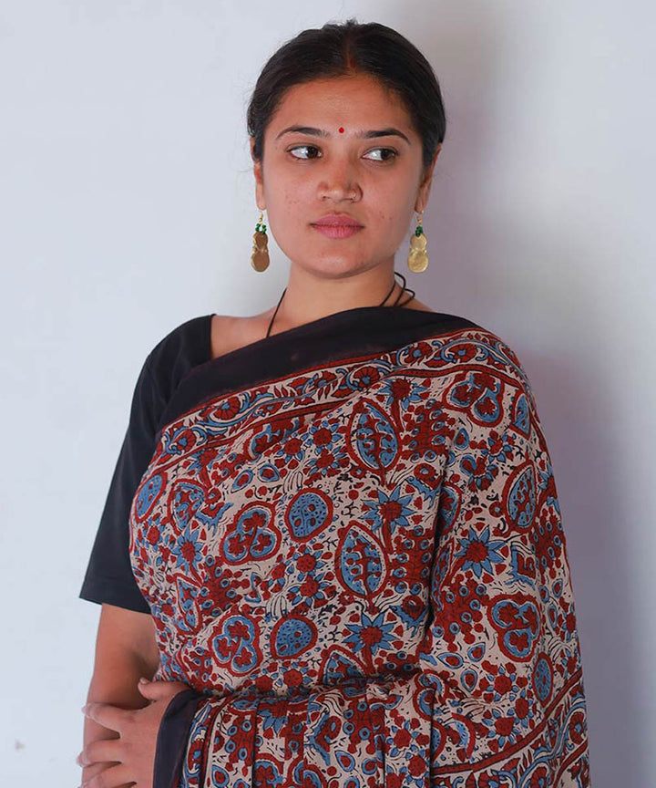 Red indigo cotton handblock printed ajrakh saree