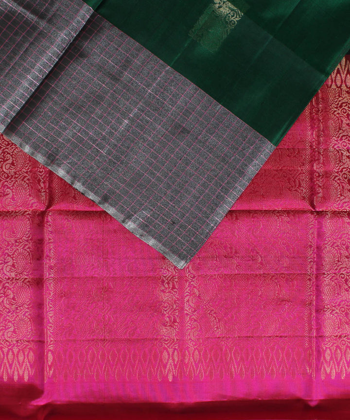 Dark green pink gold pallu handwoven karnataka silk saree