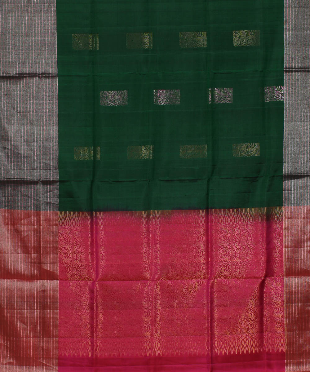Dark green pink gold pallu handwoven karnataka silk saree