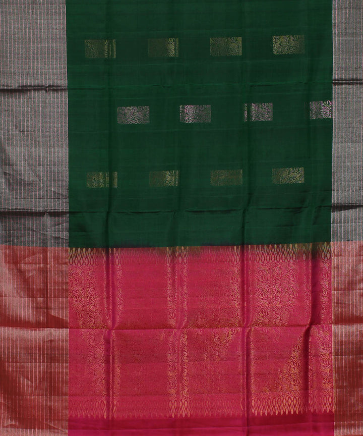 Dark green pink gold pallu handwoven karnataka silk saree