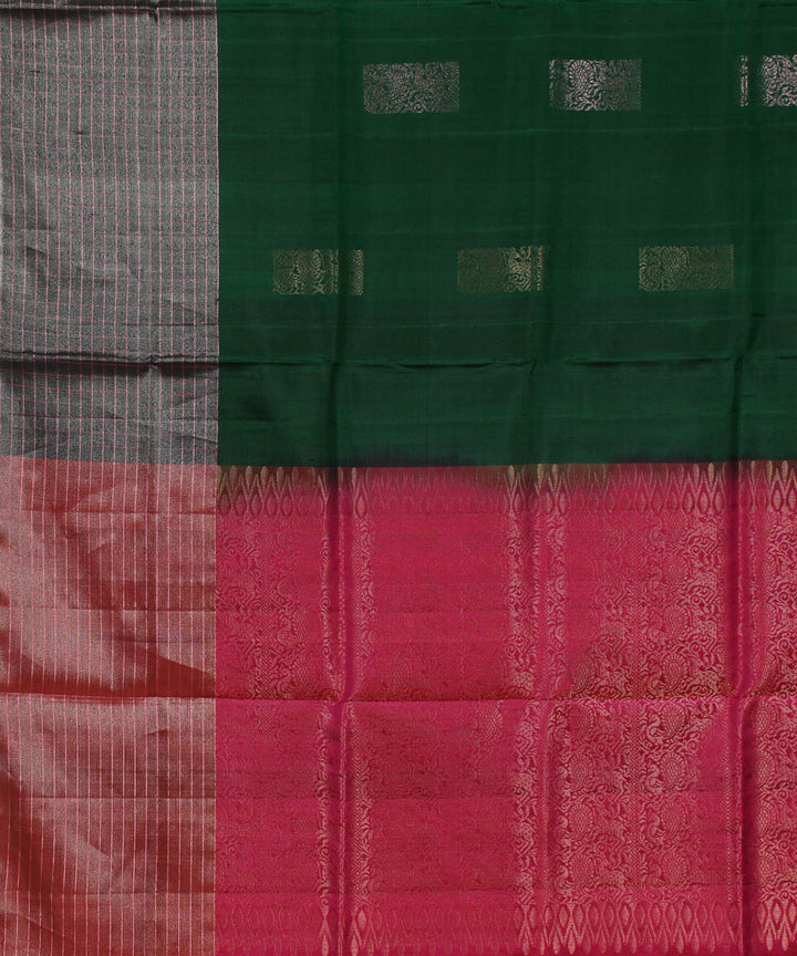 Dark green pink gold pallu handwoven karnataka silk saree