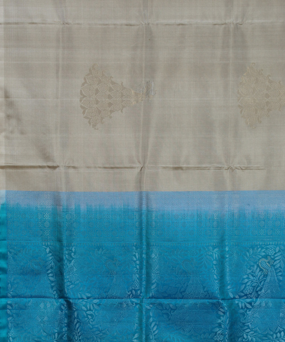 Cream cyan blue pallu handwoven karnataka silk saree
