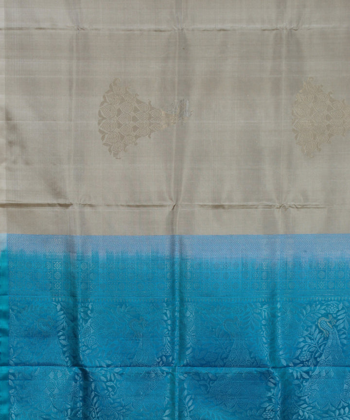 Cream cyan blue pallu handwoven karnataka silk saree