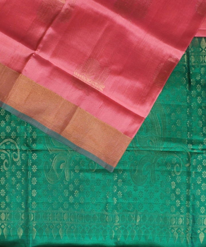 Peach green pallu handwoven karnataka silk saree
