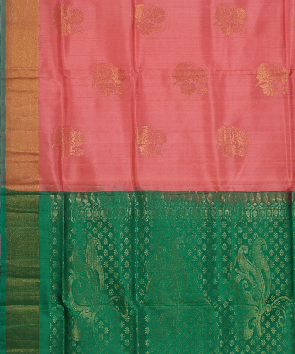 Peach green pallu handwoven karnataka silk saree