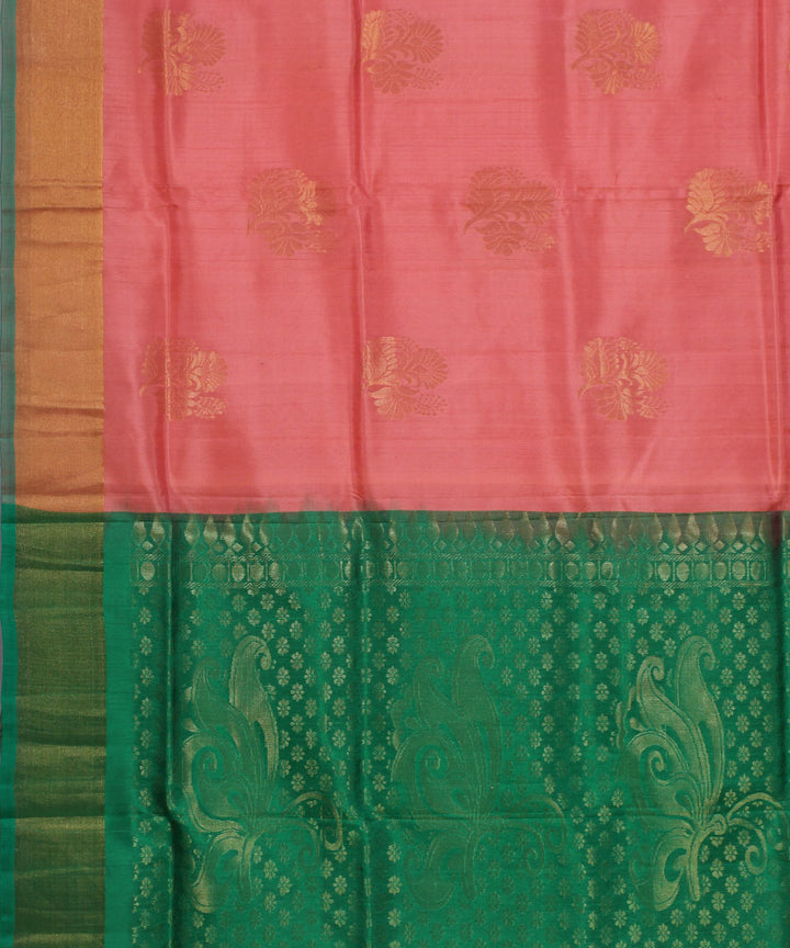Peach green pallu handwoven karnataka silk saree