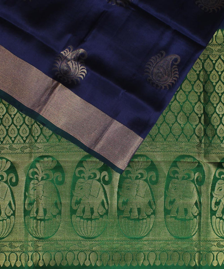 Navy blue dark green pallu handwoven karnataka silk saree