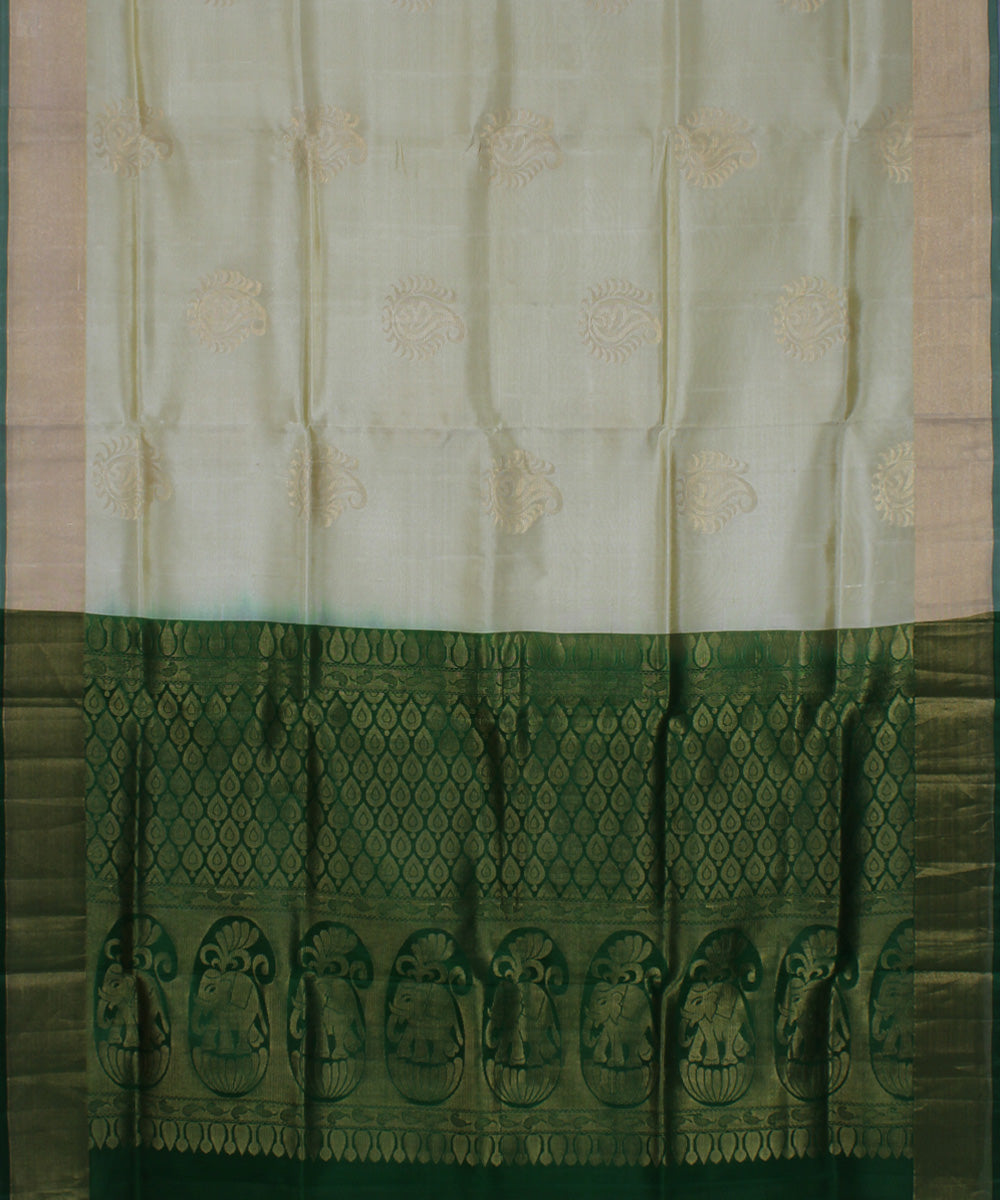 Cream dark green handwoven karnataka silk saree