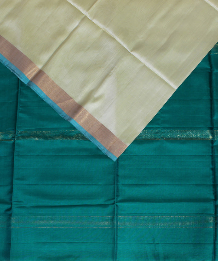 Cream cyan green handwoven karnataka silk saree