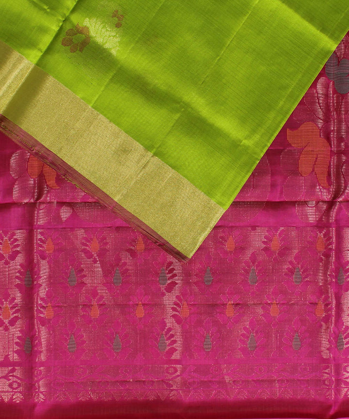 Lime green pink handwoven karnataka silk saree