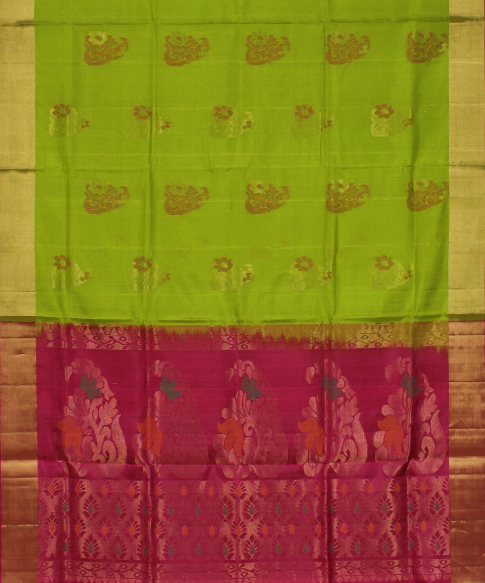 Lime green pink handwoven karnataka silk saree