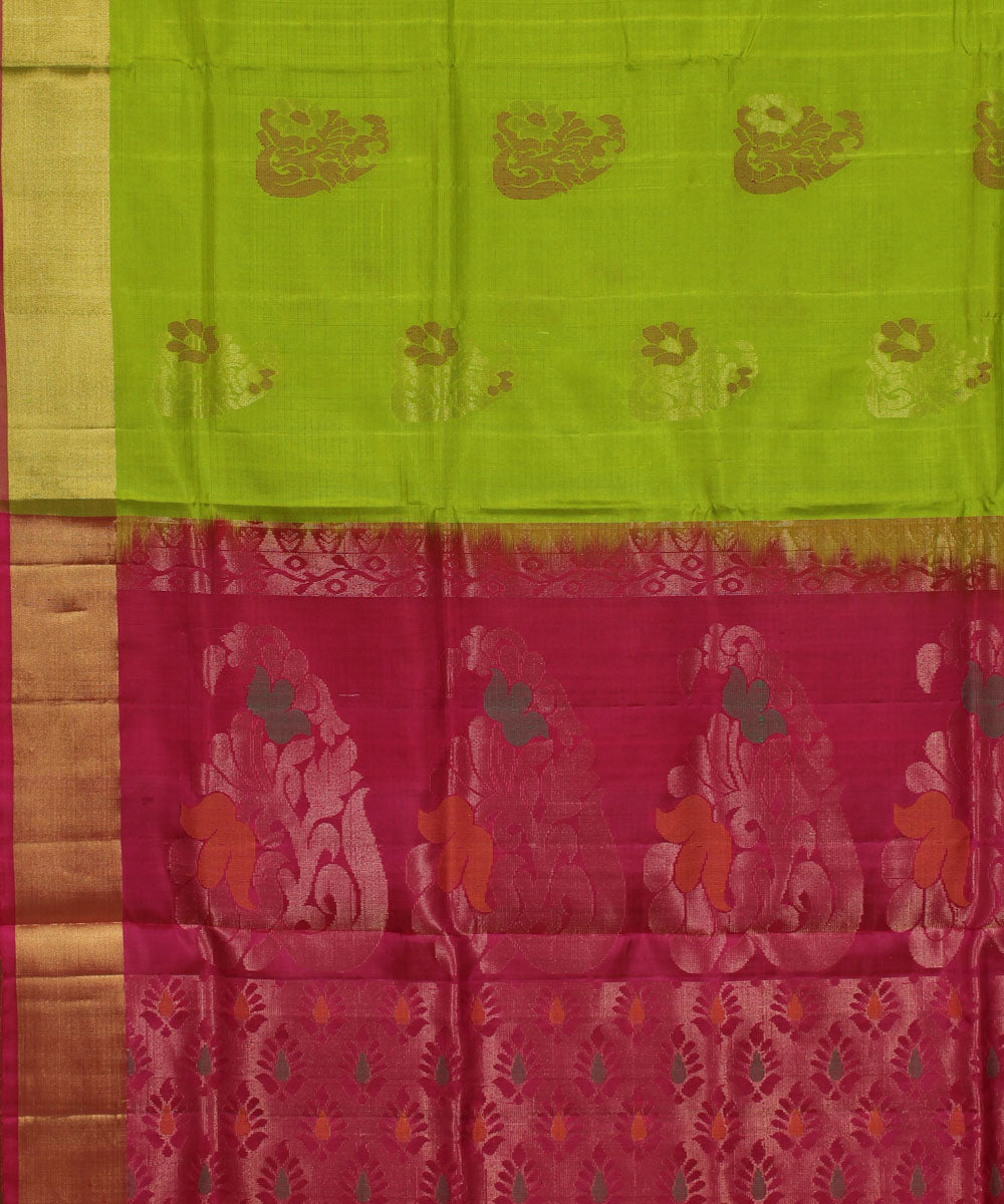 Lime green pink handwoven karnataka silk saree
