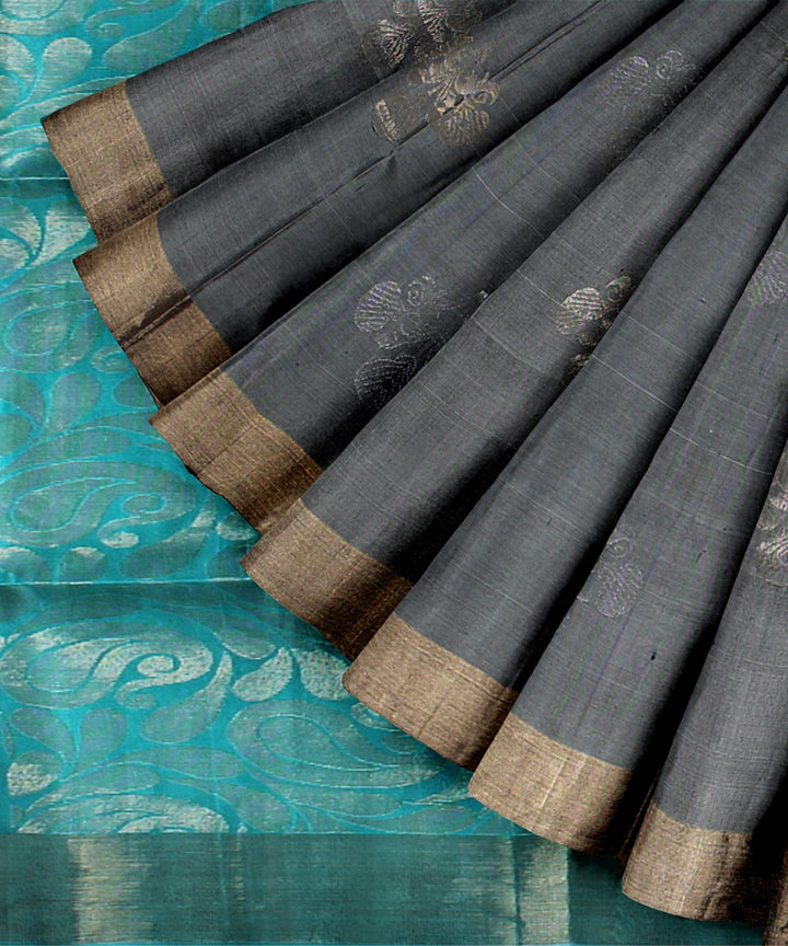 Grey cyan green pallu silk handloom karnataka saree