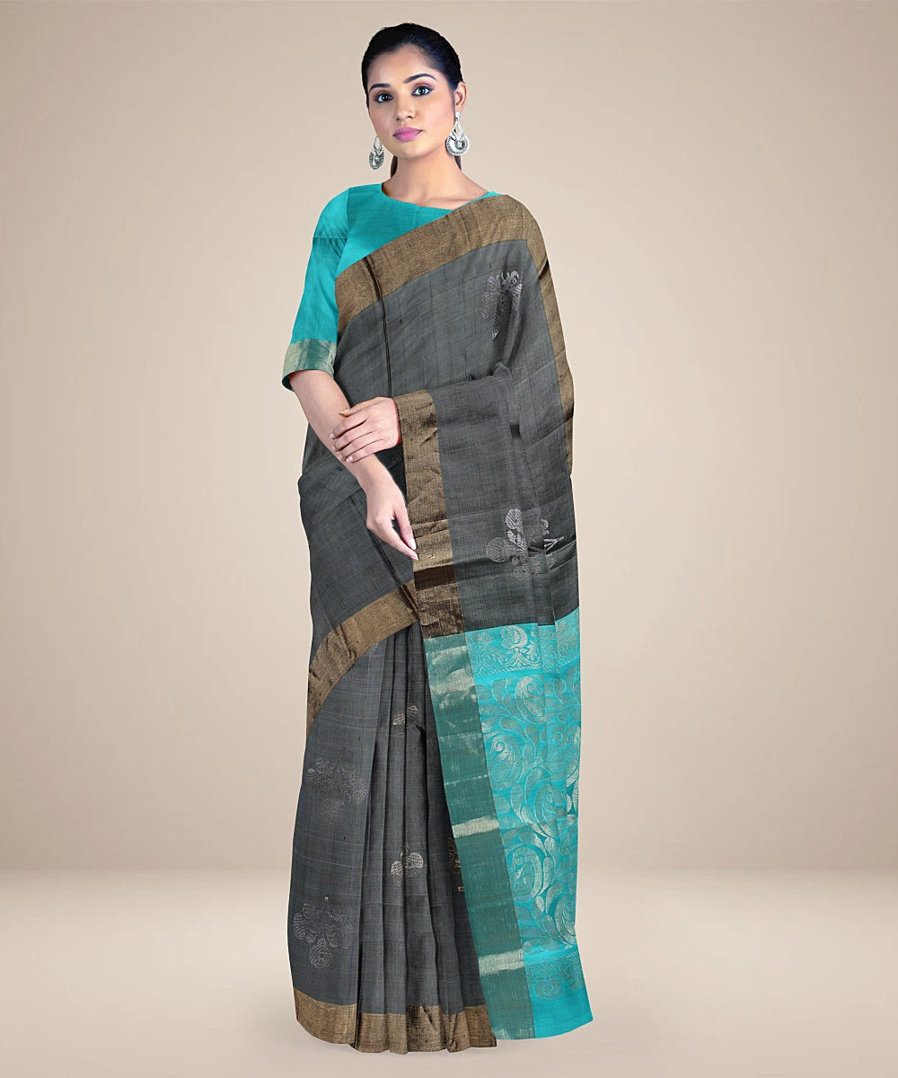 Grey cyan green pallu silk handloom karnataka saree