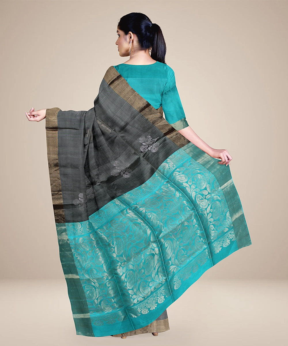 Grey cyan green pallu silk handloom karnataka saree