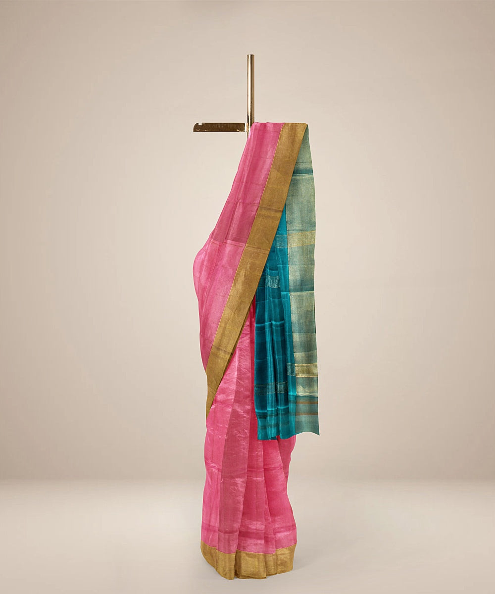 Pink cyen blue silk handloom karnataka saree