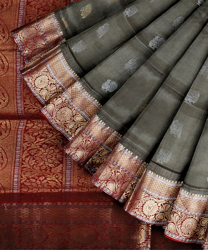 Grey red pallu handloom karnataka silk saree