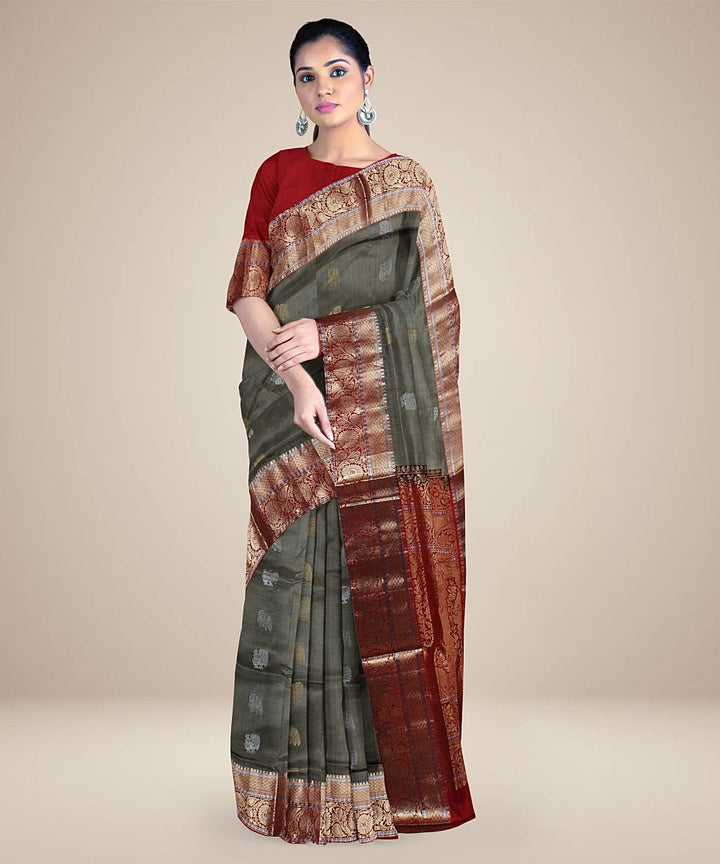 Grey red pallu handloom karnataka silk saree