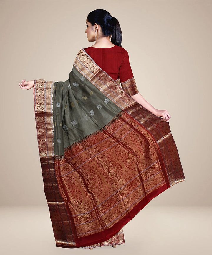 Grey red pallu handloom karnataka silk saree