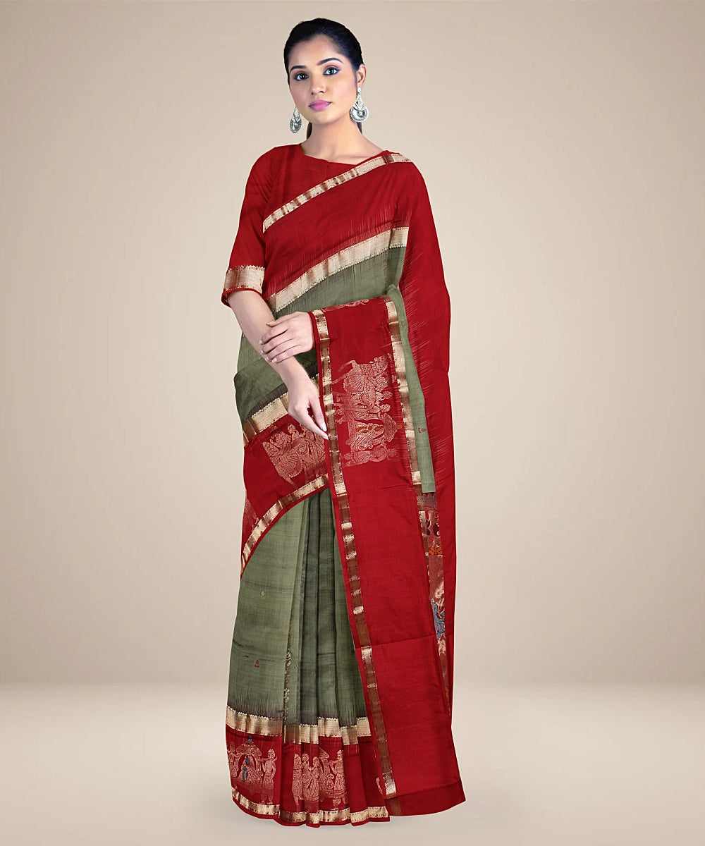 Grey red pallu silk handloom karnataka saree