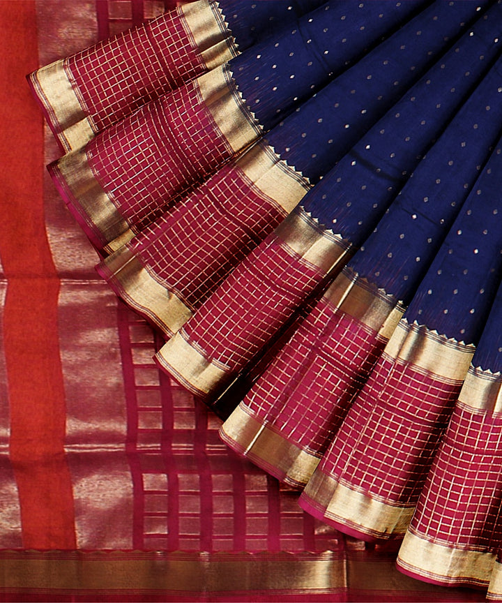 Indigo small butti pink pallu silk handloom karnataka saree