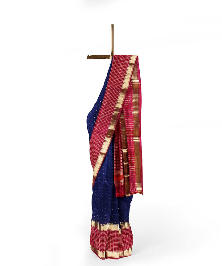 Indigo small butti pink pallu silk handloom karnataka saree