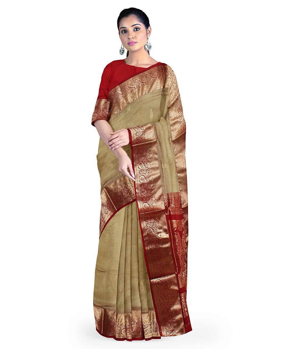 Beige red pallu silk handloom karnataka saree