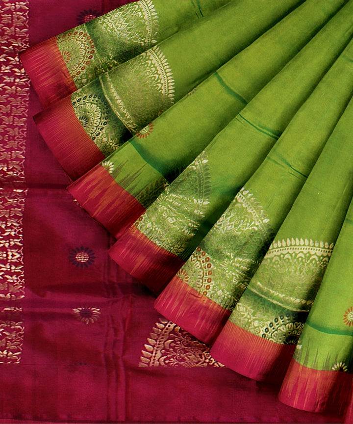 Lime green pink pallu silk handloom karnataka saree