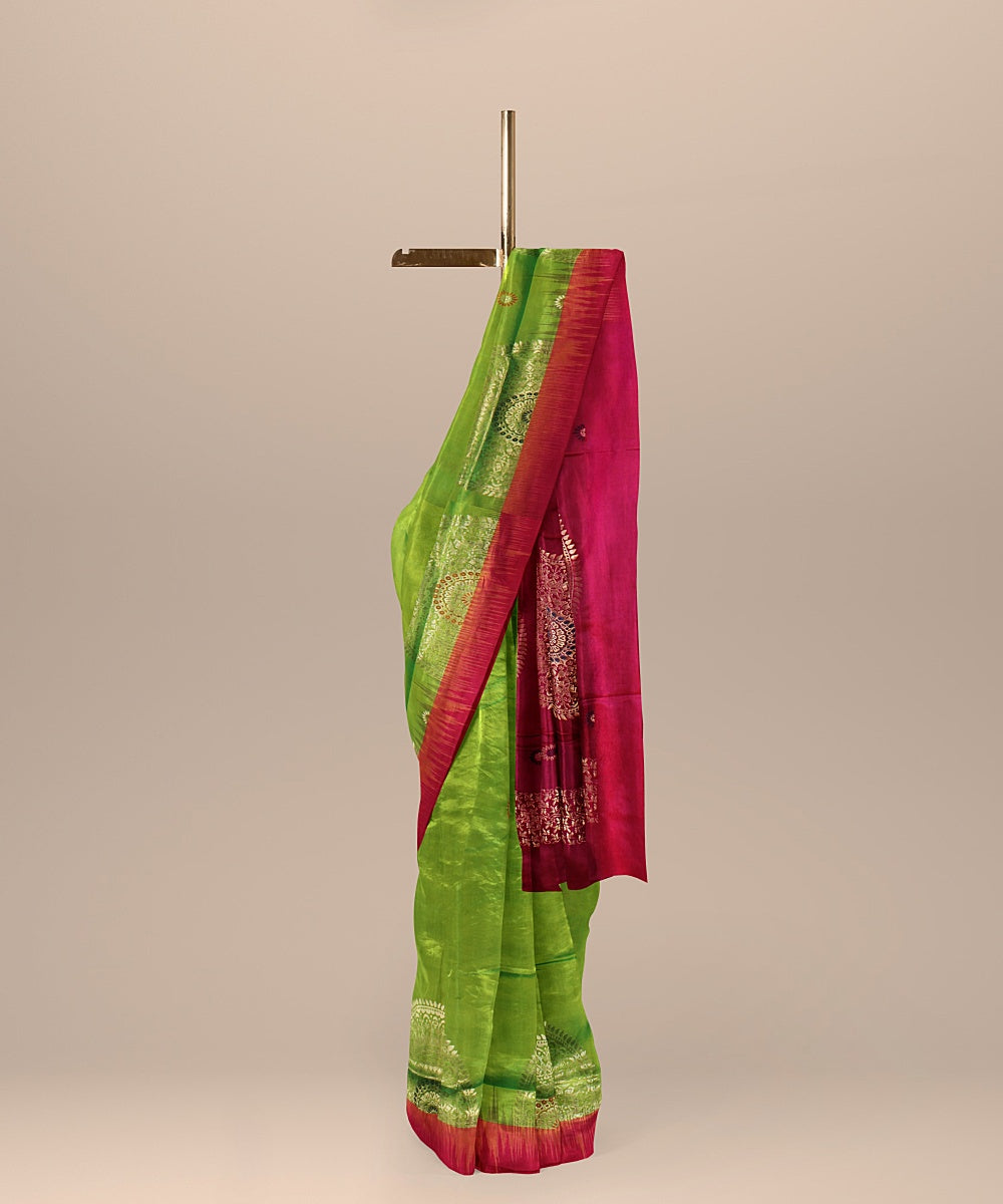 Lime green pink pallu silk handloom karnataka saree