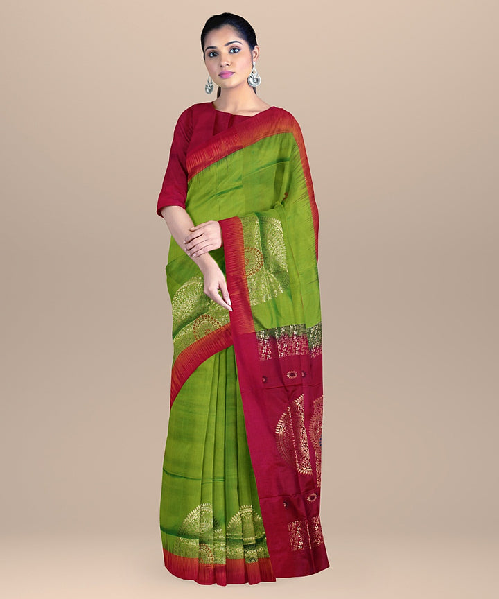 Lime green pink pallu silk handloom karnataka saree