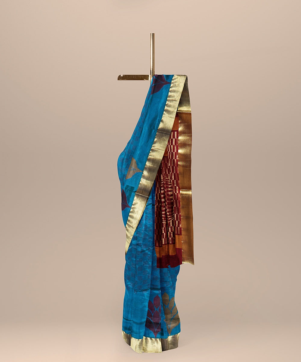 Cyan blue red pallu karnataka handloom silk saree