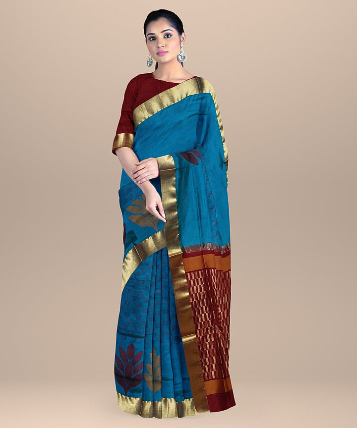 Cyan blue red pallu karnataka handloom silk saree