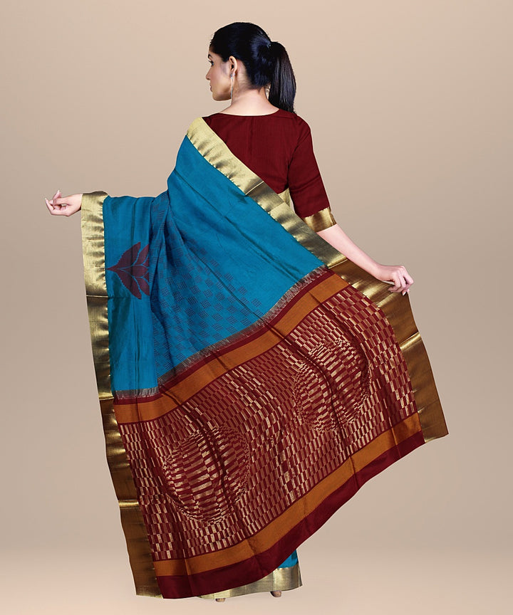 Cyan blue red pallu karnataka handloom silk saree