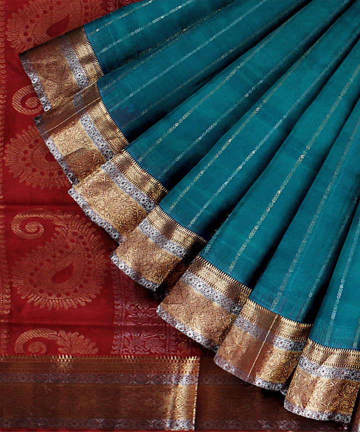 Cyan blue red pallu silk handloom karnataka saree