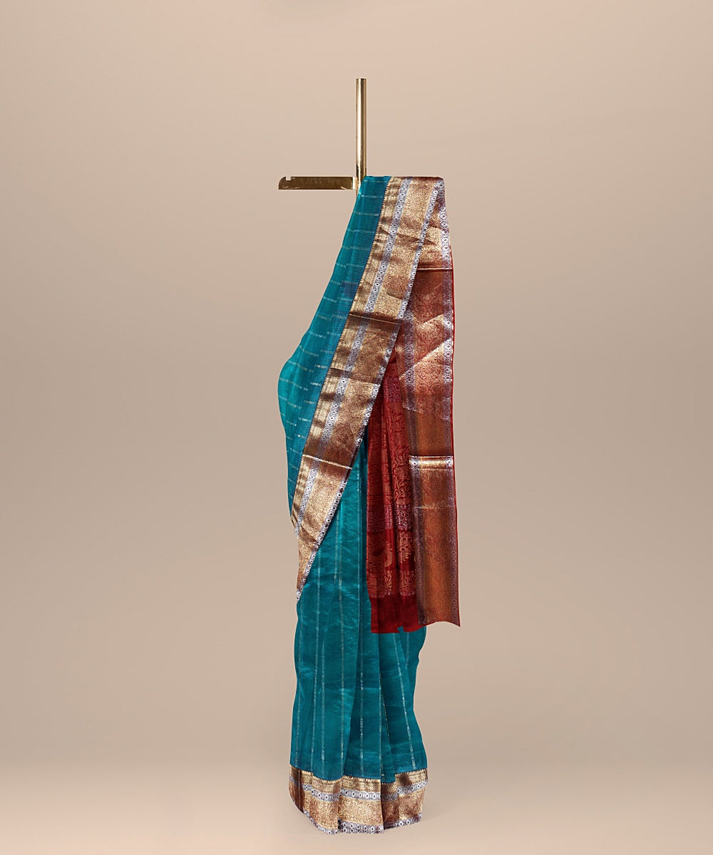 Cyan blue red pallu silk handloom karnataka saree