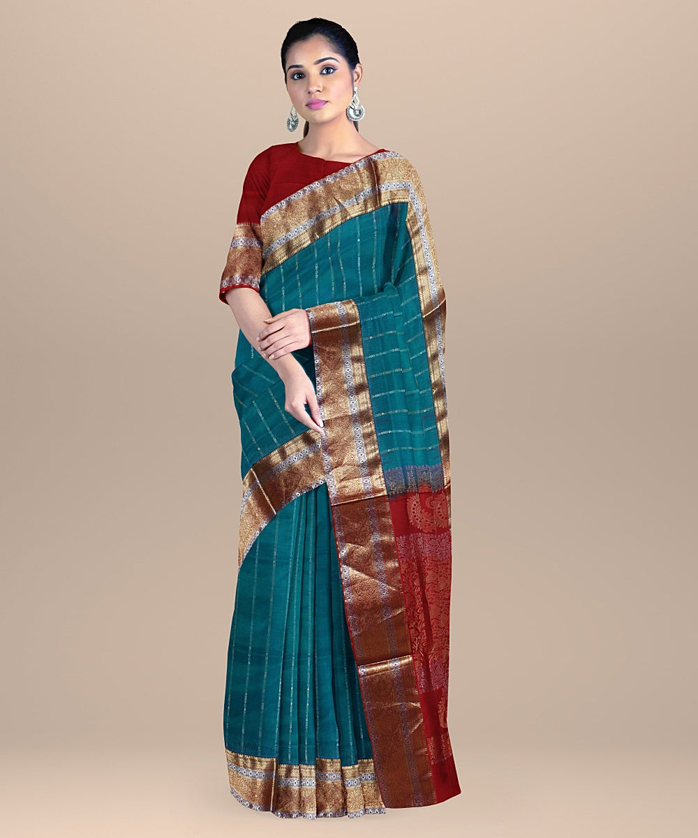 Cyan blue red pallu silk handloom karnataka saree