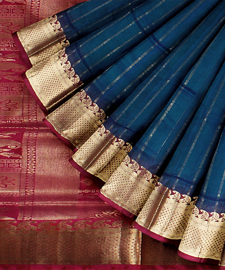 Cyan blue pink pallu handloom karnataka silk saree