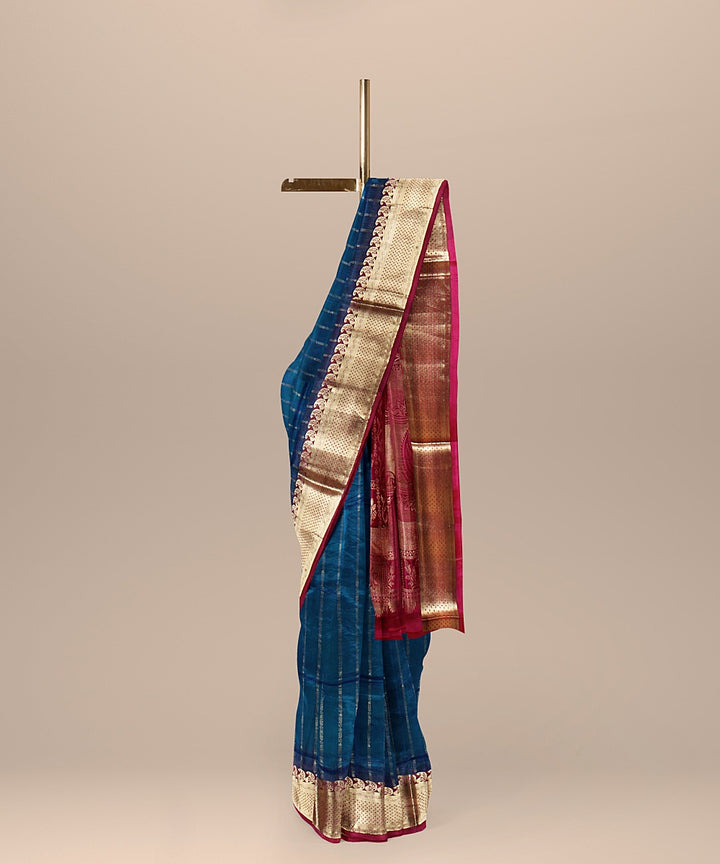 Cyan blue pink pallu handloom karnataka silk saree