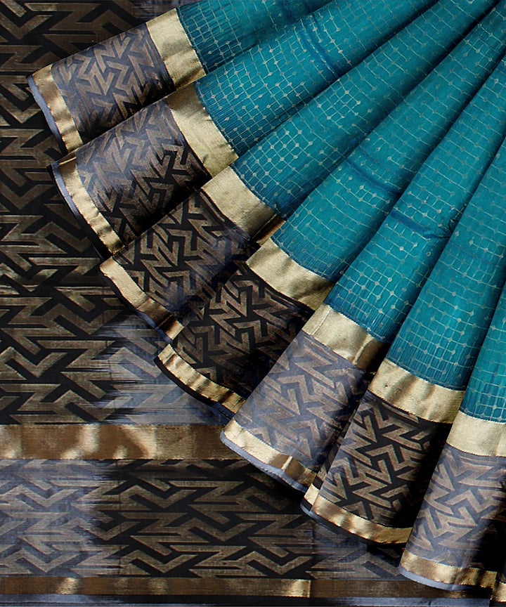 Cyan blue grey black pallu silk handloom karnataka saree