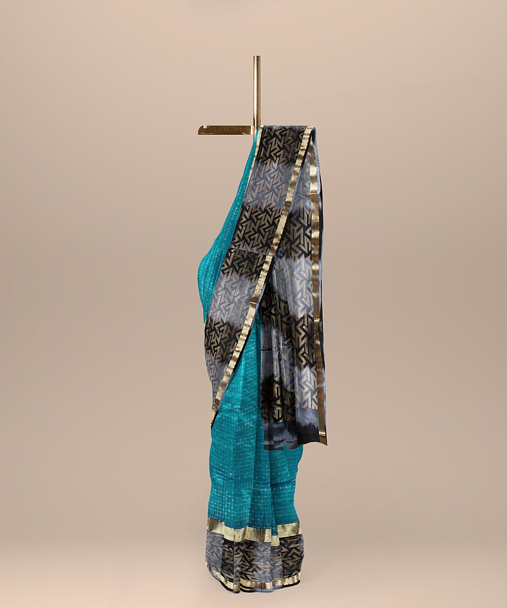 Cyan blue grey black pallu silk handloom karnataka saree