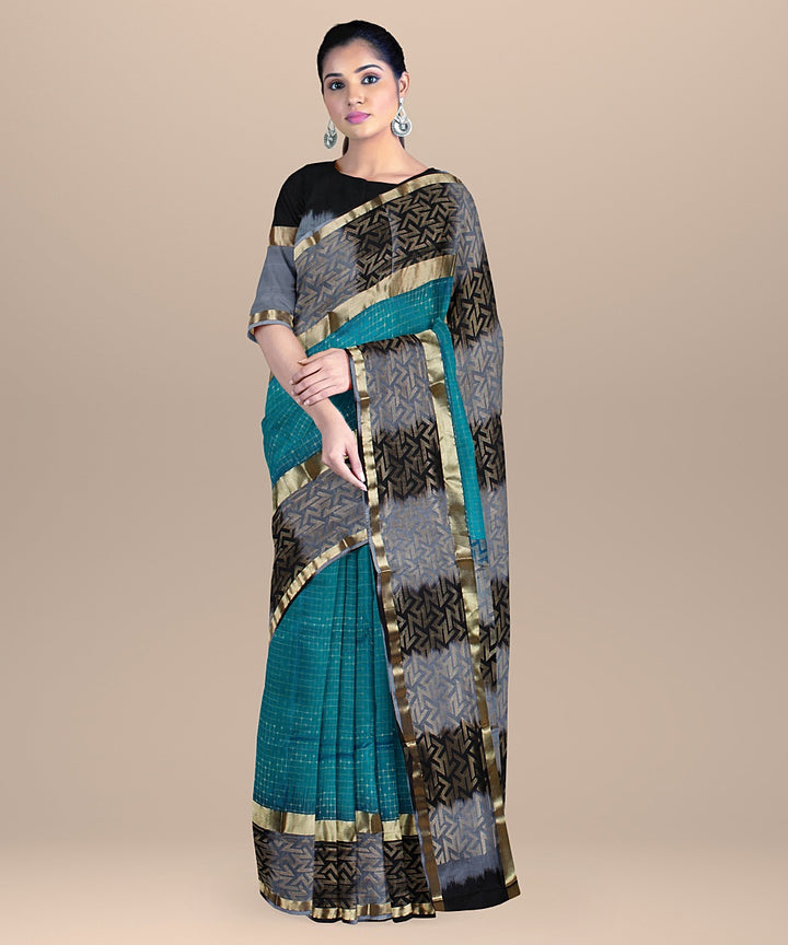 Cyan blue grey black pallu silk handloom karnataka saree