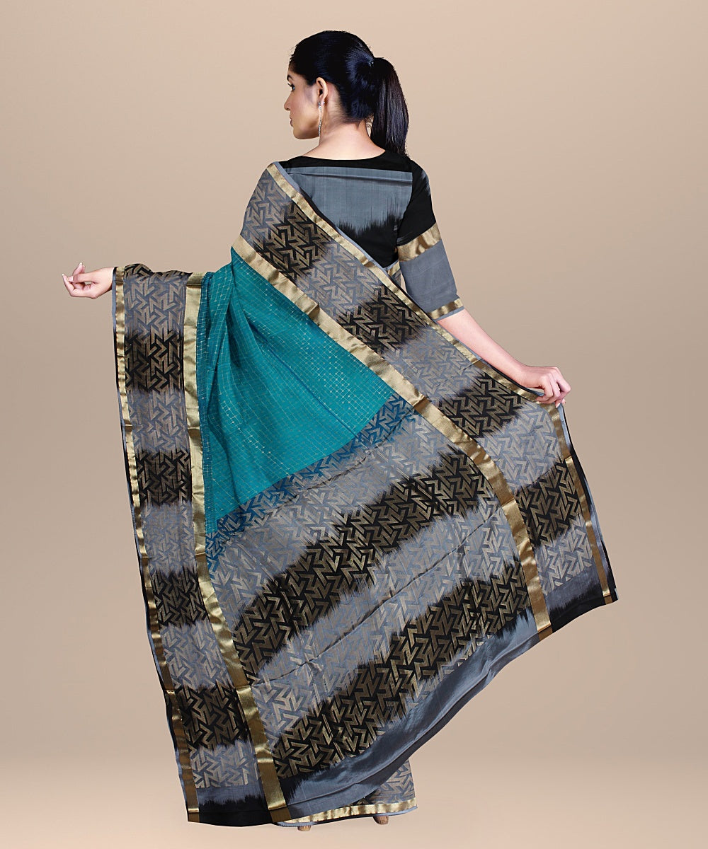 Cyan blue grey black pallu silk handloom karnataka saree