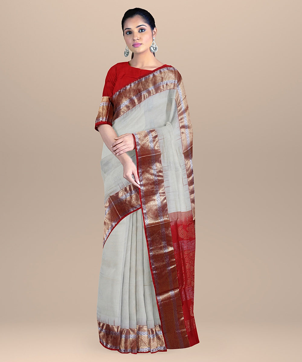 Cream red pallu handloom silk karnataka saree