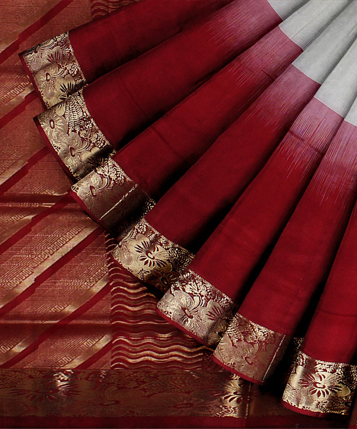 Cream red pallu silk handloom karnataka saree