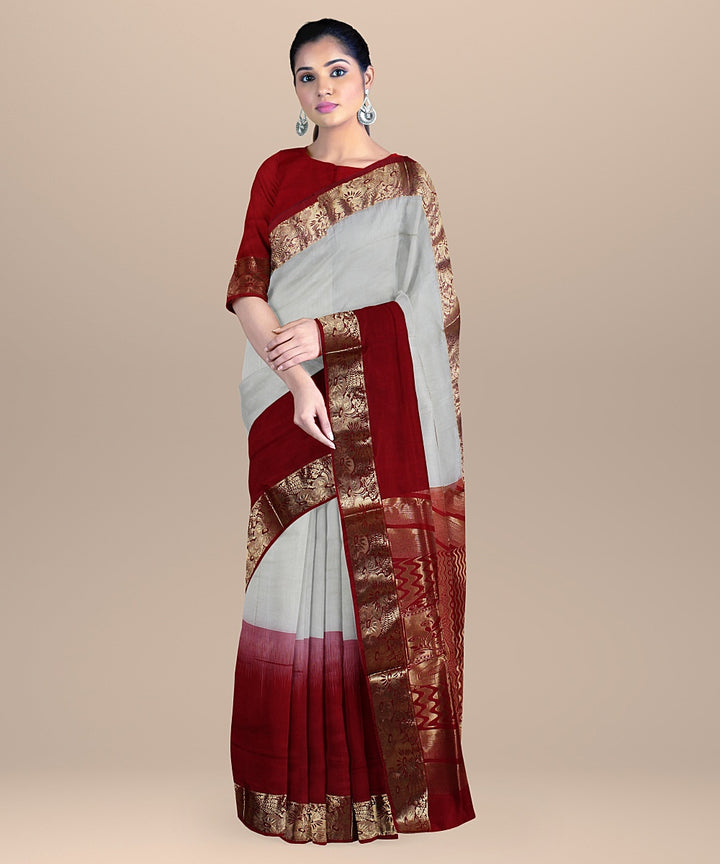 Cream red pallu silk handloom karnataka saree